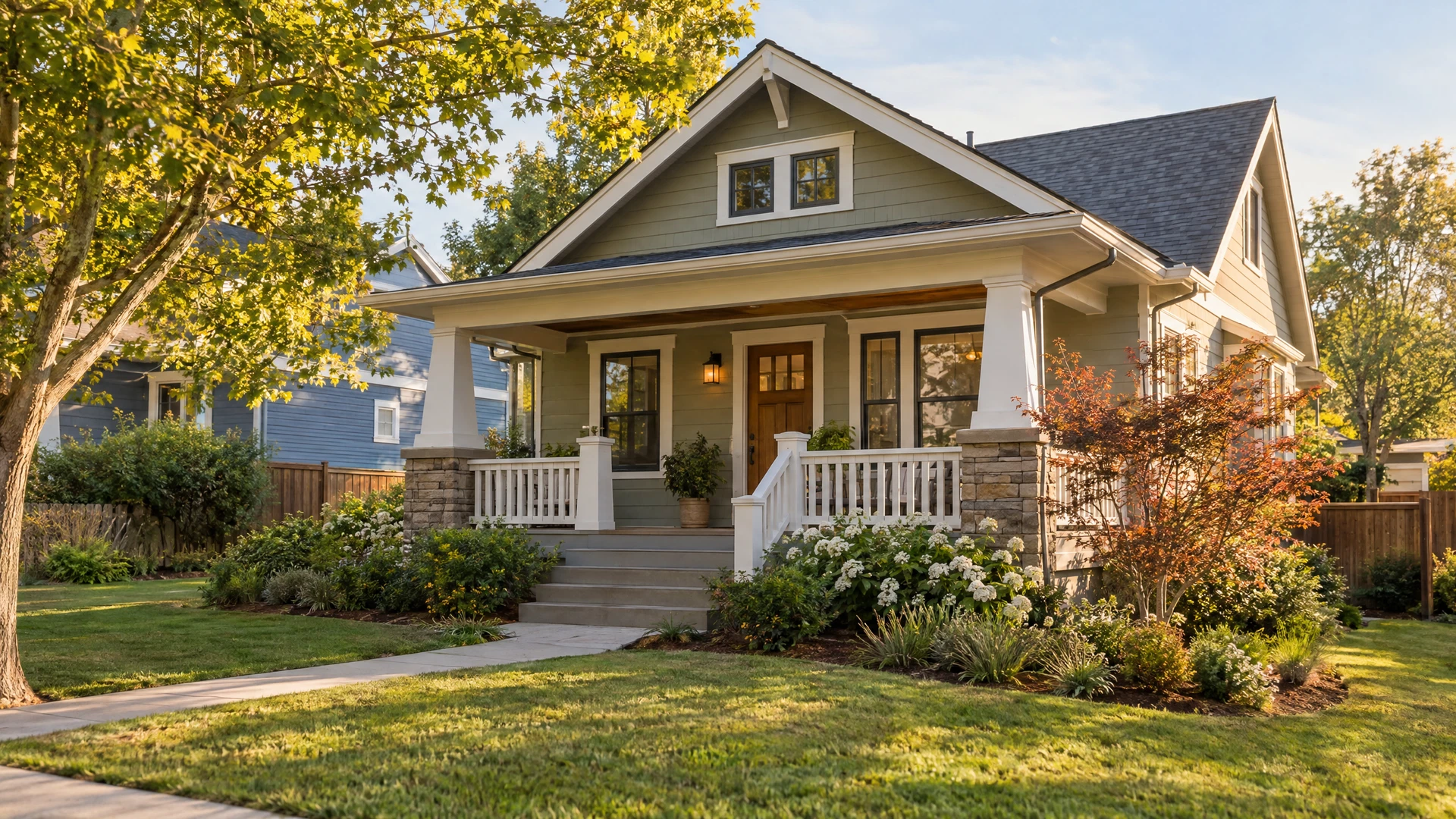 An attractive modest bungalow in a residential neighborhood