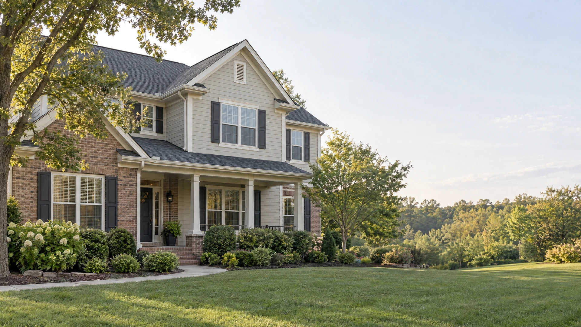 A well-maintained two-story suburban home with natural landscaping