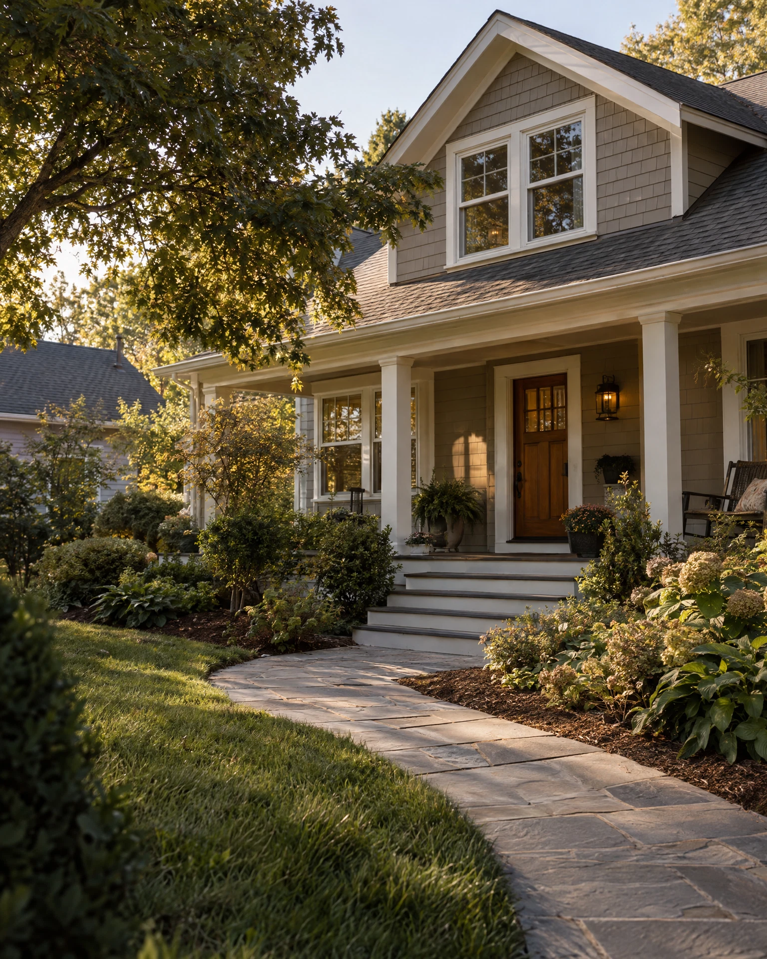 A welcoming middle-market home with a front porch and natural landscaping